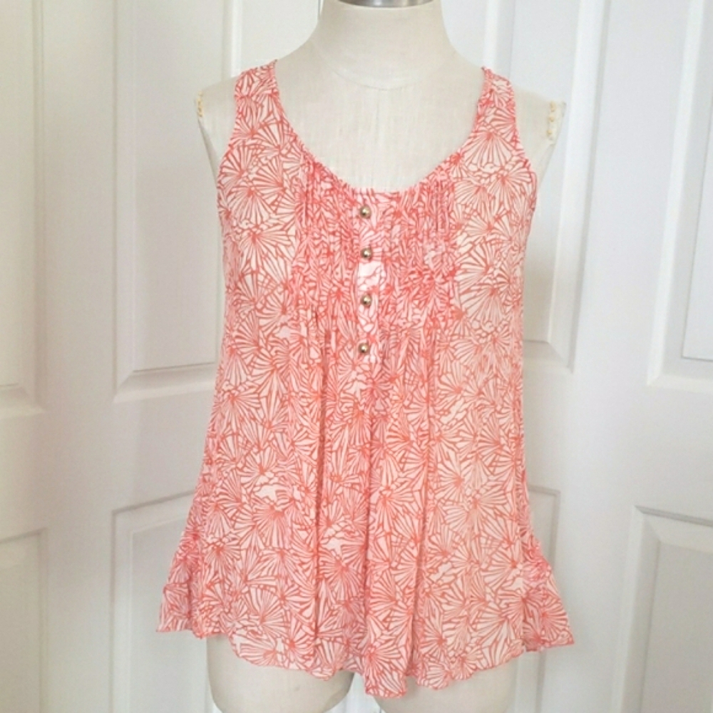 Juicy Couture 100% Silk Coral Orange Cream Floral Pleated Tank Blouse Size 2 XS - Picture 3 of 11